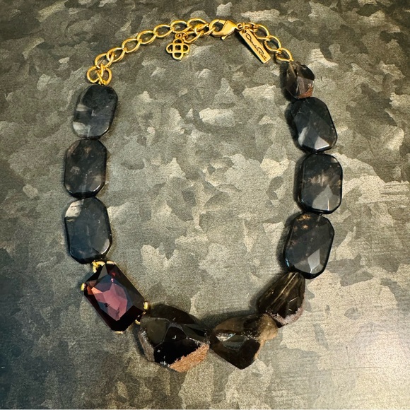 Oscar de la Renta Quartz & Raw Crystal Fashion Necklace Gold Tone Burgundy - Picture 3 of 6